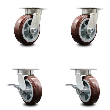 Service Caster 6 Inch Kingpinless Poly on Polyolefin Wheel Swivel Caster Set with 2 Brakes SCC SCC-KP30S620-PPUR-2-SLB-2